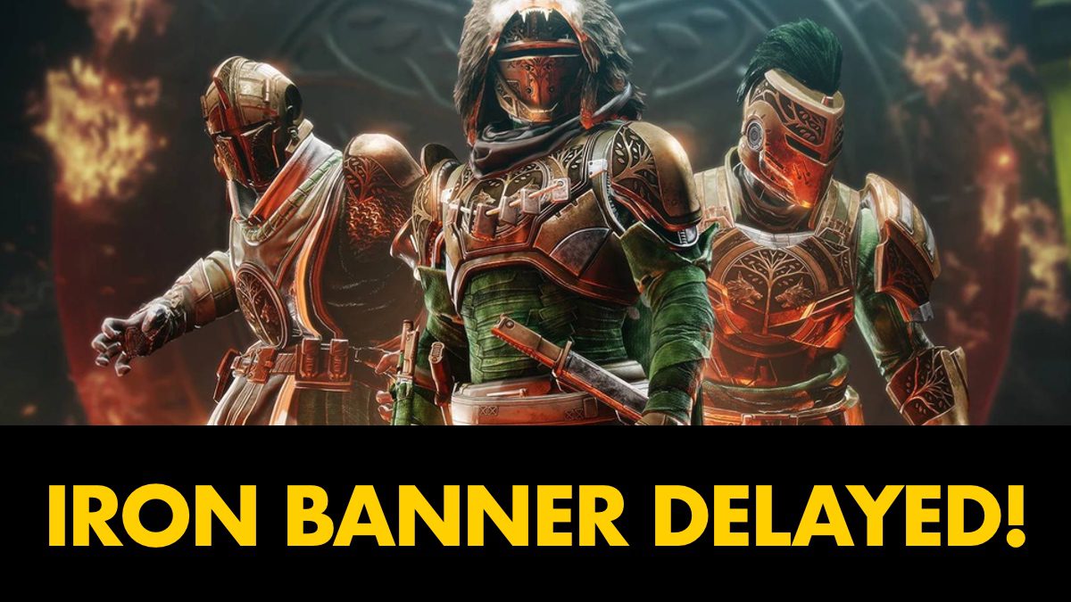 Destiny 2's IRON BANNER event: All 3 guardian races (Titan, Warlock and Hunter) using the Iron Banner's set in front of the Iron Banner Wolf Logo in fire. They are ready for battle!