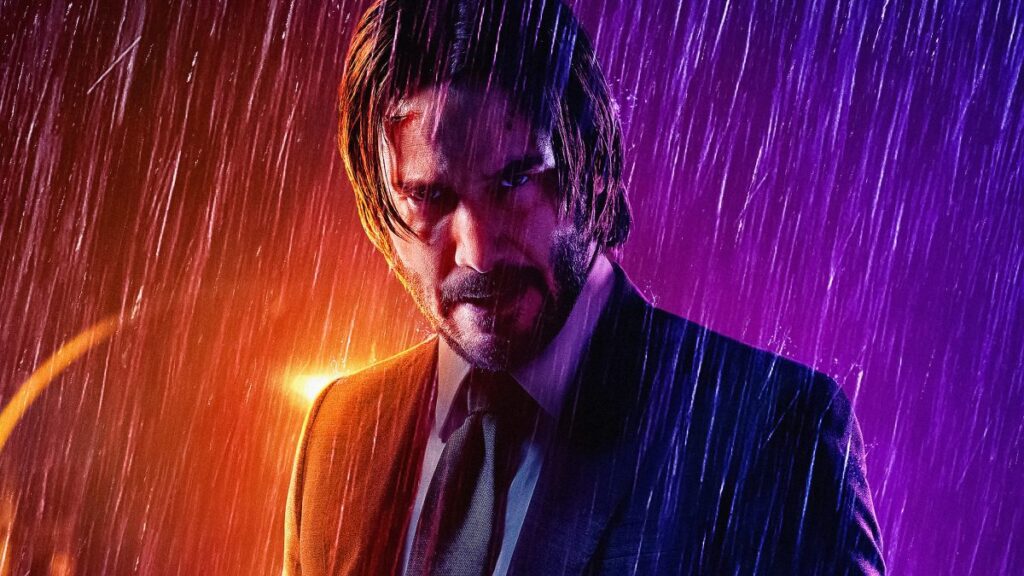 John Wick 4 Promo Artwork - Keanu Reeves - Promotional art of the movie "John Wick 4" where the character, with his classic suit, is under the rain in a scenario with lights according to the concept art - Mortal Kombat 12?